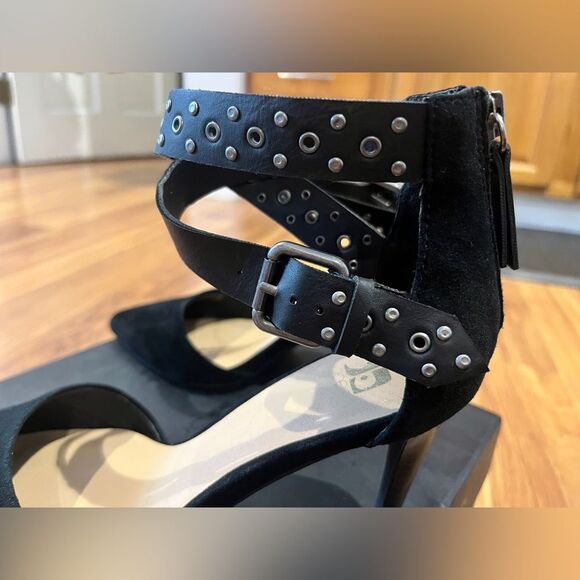 Joes Jeans Betty Ankle Strap Zip Back heels black suede studded leather size 7 - Picture 7 of 16